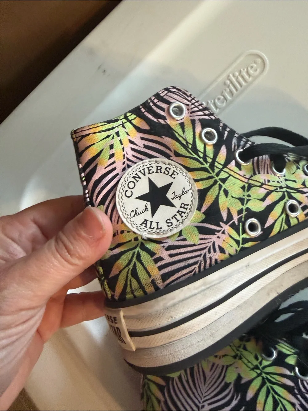 Converse Kids High Top Sneakers Black with Neon Green & Pink Leaf Print